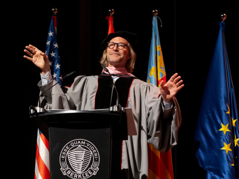 Berklee Valencia's Honorary Doctorate recipient Eric Whitacre addresses the class of 2026 during commencement celebrations.